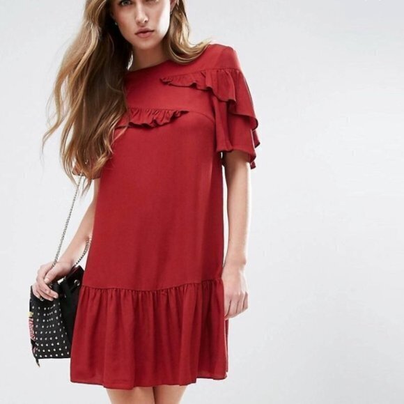 New ASOS Short Sleeve Drop Waist‎ Dress with Ruffles - Picture 1 of 9